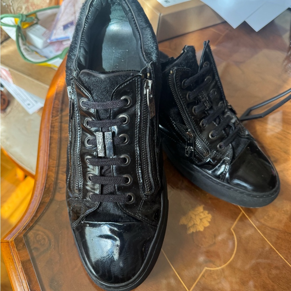 Versace Collection Black Pony Hair Patent Leather Lace Zip-Up sneakers Sz 45